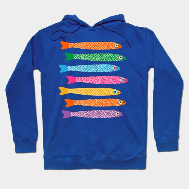 ANCHOVIES Bright Graphic Fun Groovy Fish in Rainbow Colors on Royal Blue - Horizontal Layout - UnBlink Studio by Jackie Tahara Hoodie by UnBlink Studio by Jackie Tahara